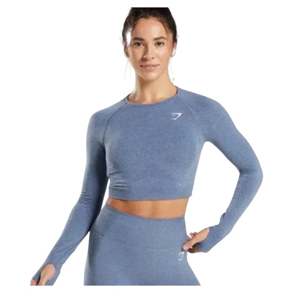 Gymshark Tops - Gymshark Blue Vital Seamless Crop Top - Long Sleeve with Thumbholes size S